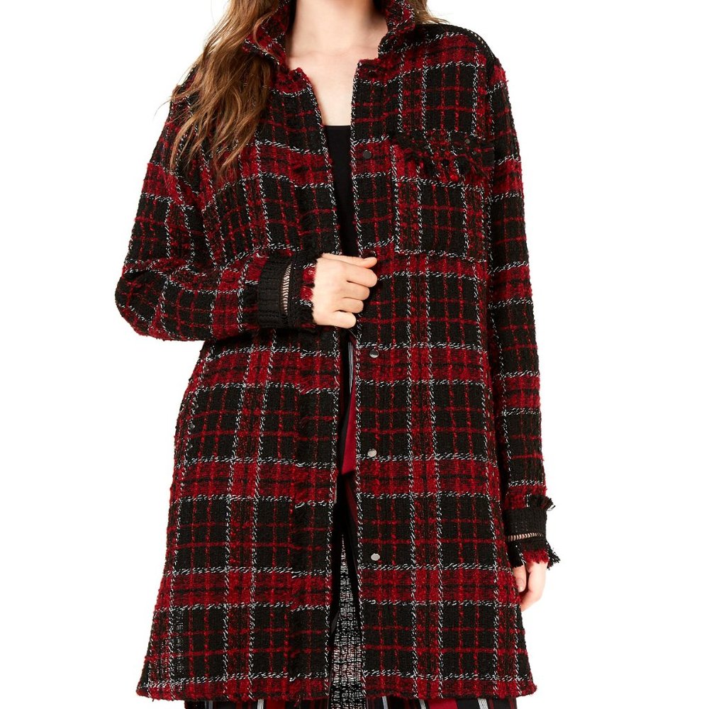 Stella + Ginger Plaid Lace-Contrast Shirt Jacket